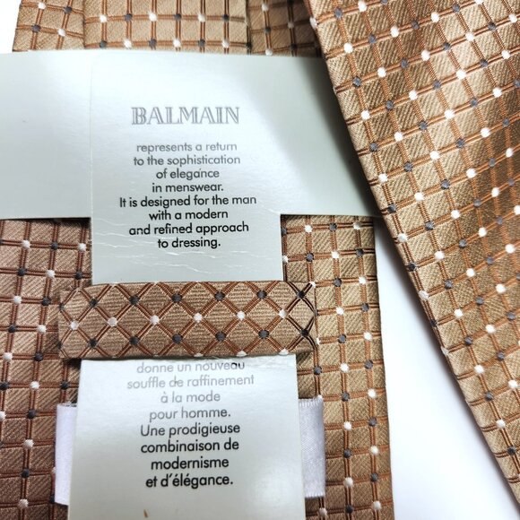 Balmain Necktie Men's Silk Tie 100% Silk Foulard Tie New Brown Grey & White Dots - Picture 6 of 8